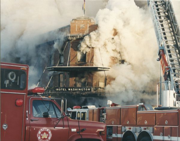 The Hotel Washington being destroyed by a fire on Feb. 18, 1996.