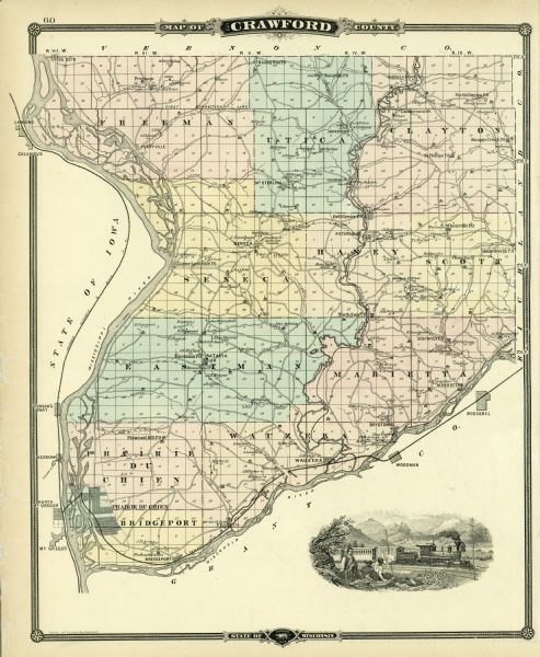 Illustrated map of Crawford County. On the bottom right is an inset of a group of people near a train on a railroad track.
