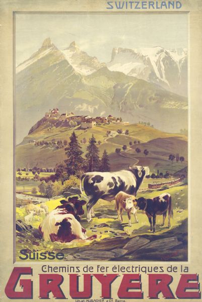 An original colored lithograph advertising the Chemins de fer électriques de la Gruyèr railway  in Switzerland. The poster features the artist Anton Reckziegel's depiction of a Swiss landscape, with cows and sheep in the foreground, a small hilltop settlement in a valley in the middle-ground, and a portion of the Swiss Alps in the background.
