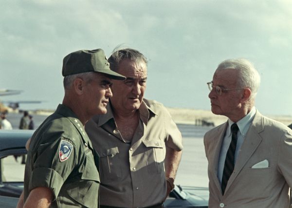President Lyndon Johnson with General William Westmoreland and Ambassador Ellsworth Bunker in Vietnam.