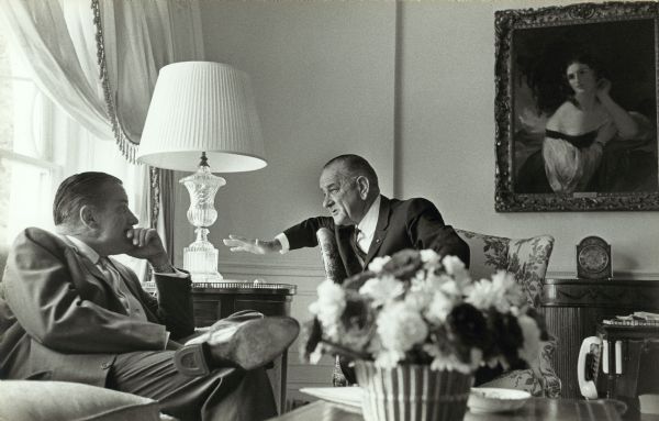 Merriman Smith of UPI, the "dean of the White House correspondents," with President Lyndon Johnson, in the White House. Smith enjoyed a close relationship with the President, and Smith worried he might cross the line of journalistic objectivity. This image was part of a scrapbook of humorously-captioned images presented to Smith in 1968 by the President to mark his 55th birthday.