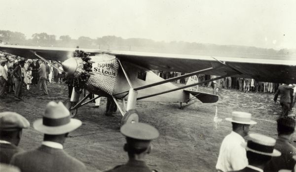 The "Spirit of St. Louis," in which Charles Lindbergh made the first solo Atlantic crossing, arrives in Madison, where it was greeted by crowds.