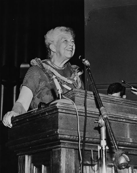 Eleanor Roosevelt speaking at the Eleventh Congress of the United States Student Association at Ohio Wesleyan University.