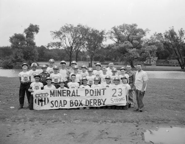 Outdoor group portrait of Soap Box Derby racers from Mineral Point.