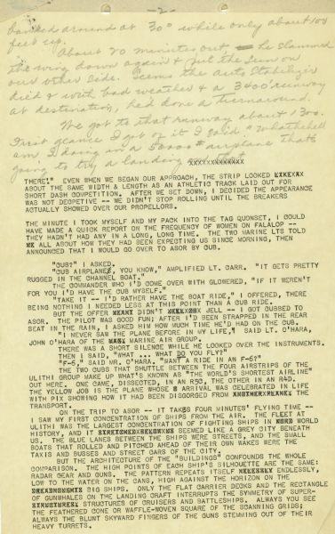 A page of a letter written by Dickey Chapelle to Daniel Mich describing arrival by air to an unspecified location for a mission.