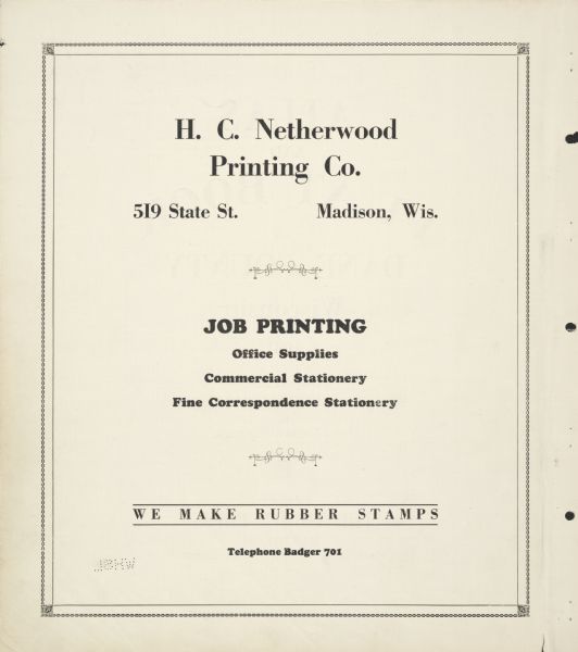 An advertisement for H.C. Netherwood Printing Company (formerly) at 519 State Street in Madison, Wisconsin.