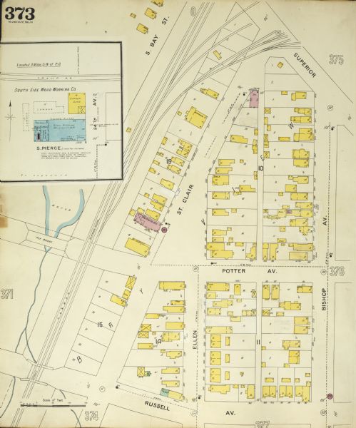 Sanborn map of a portion of Milwaukee, including St. Clair and Bishop and Potter Avenues. There is an inset for the South Side Wood Working Co.