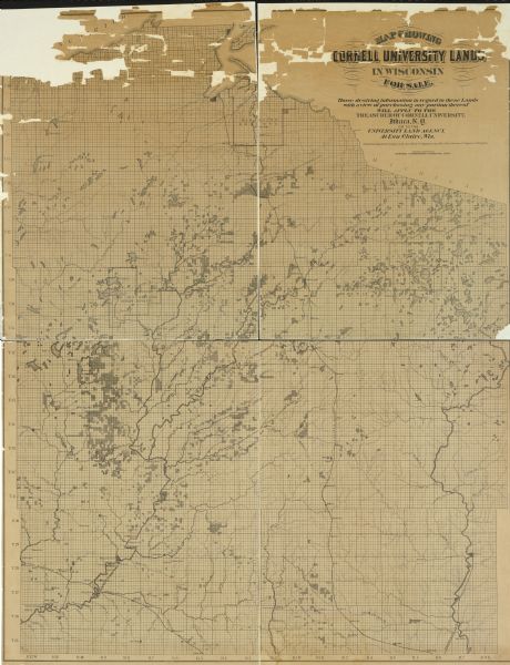 Map of northern Wisconsin showing the lands owned by Cornell University (shaded portions) in 1877.  The map depicts the lakes, river systems, towns, and the West Wisconsin, Chippewa Falls & West, Wisconsin Valley, and Wisconsin Central Rail Road lines.