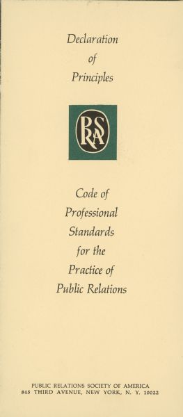 The front cover of a brochure entitled "Declaration of Principles" which details a "code of professional standards for the practice of public relations".