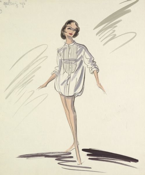 Design in pencil, ink, gouache, and watercolor for a men's tuxedo shirt for Audrey Hepburn's "getting up" scene in "Breakfast at Tiffany's" (Paramount, 1961).