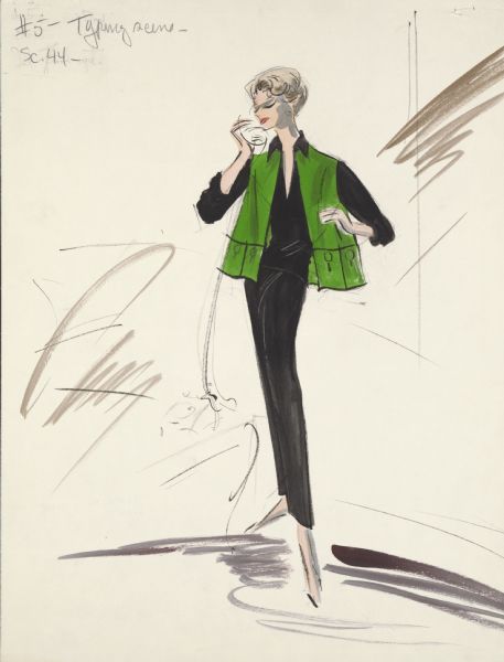 Costume design for the typing scene ("sc. 44") in "The Counterfeit Traitor," the 1962 war film starring William Holden and Lilli Palmer.