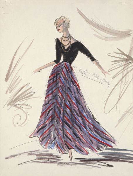 Costume design for "Who's Got the Action," the 1962 film starring Dean Martin, Lana Turner, and Eddie Albert.  The dress, worn by Lana Turner, has a black top with a multi-colored skirt.