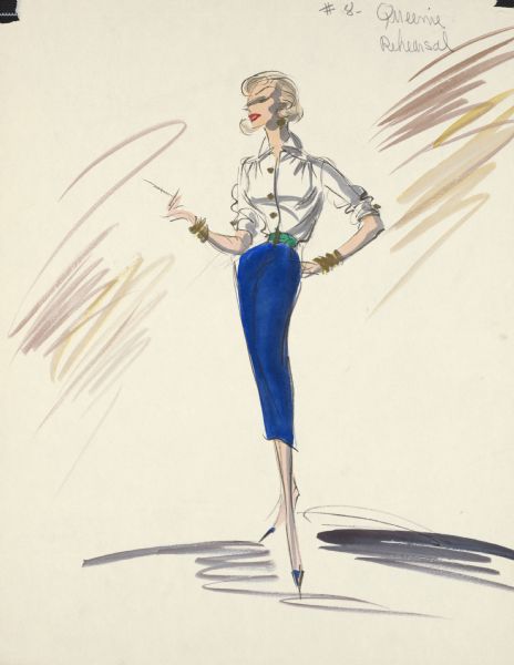Costume design for "#8 Queenie rehearsal," from the 1961 film "Pocketful of Miracles," starring Glenn Ford, Bette Davis, and Hope Lange.