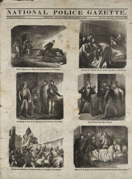 Illustrations on the "National Police Gazette" front page depicting various events regarding the assassination of Abraham Lincoln.
