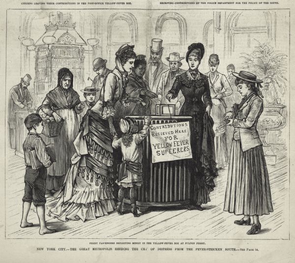 An illustration depicting well-dressed ferry passengers depositing money in the yellow fever box at Fulton Ferry. A sign reads: "Contributions recieved (<i>sic</i>) here for yellow fever sufferers".