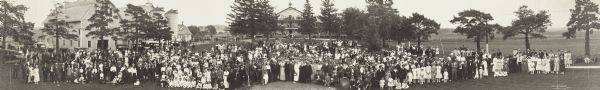 Panoramic view of the staff and residents of the Dane County Asylum at the second annual picnic for the institution.