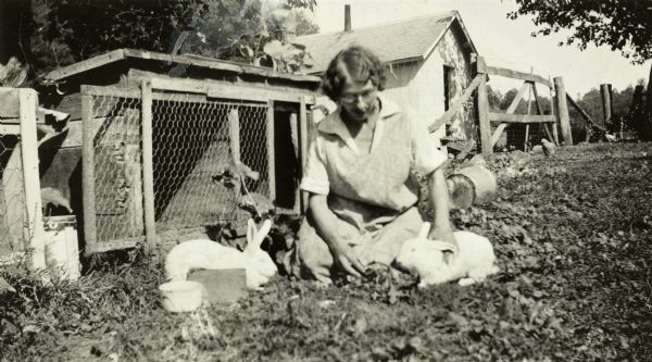 Betsy Nofsinger, a neighbor of Bernard and Nellie Arms, sits on the grass with several rabbits next to a rabbit hutch.