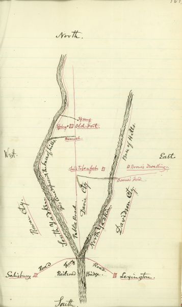 A hand-drawn map including the location of Daniel Boone's home and two forts, northeast of Lexington, Kentucky.