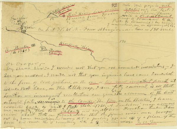 A hand-drawn map of the Boone camps on the Kentucky River.