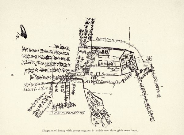 A hand-drawn map of a house labeled in both English and Chinese. Notes include escape routes. Two girls were kept here.