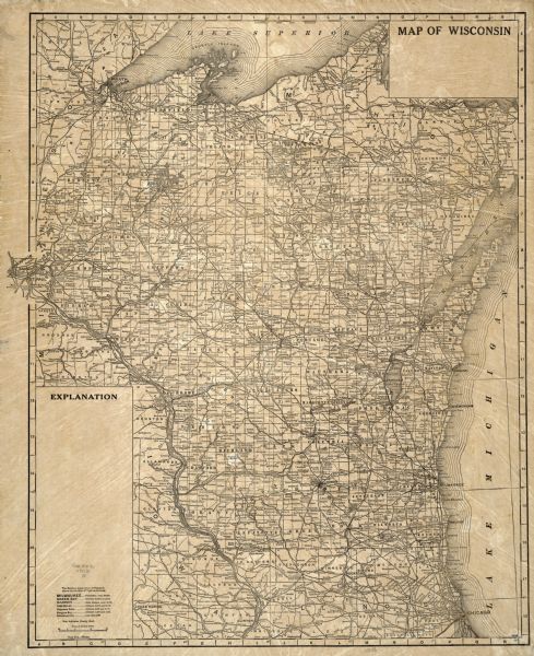 A map of primarily of Wisconsin, but also includes the areas of northern Illinois, eastern portions of Minnesota and Iowa, and Michigan’s Upper Peninsula, shows county lines, cities and villages, lakes, streams, and railroads. Populations are indicated by the size of type of the names of cities and towns. The approximate scale of the map is 1:250,000.