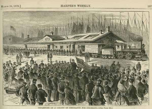 Crowd gathered at Chicago & St. Louis Railroad Station to see off a colony of emigrants from Chicago who planned to settle in Colorado on a tract of land purchased by the German Colonization Society of Colfax, Colorado. The masts of several ships can be seen behind the depot. A sign on one of the rail cars paraphrases Frederick Jackson Turner: "Westward the star of empire takes its course. German Colorado CC. Organized Chicago, August 24, 1869. Carl Wulsten, Pres. Under Auspices of National Land Co."