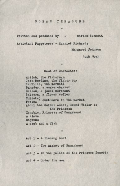 Typewritten playbill for the puppet show "Ocean Treasure" written and produced by Miriam Bennett.