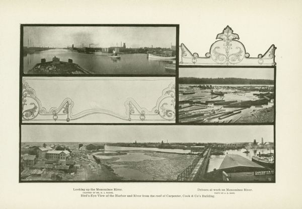 A composite of three photographs of the Menominee River with decorative graphics. Views of the river include log drivers and an elevated perspective of the harbor and river.