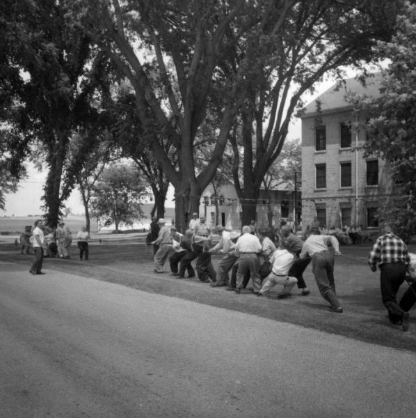 A group of men play tug-o-war on a lawn near the side of a street. Two buildings are in the background.