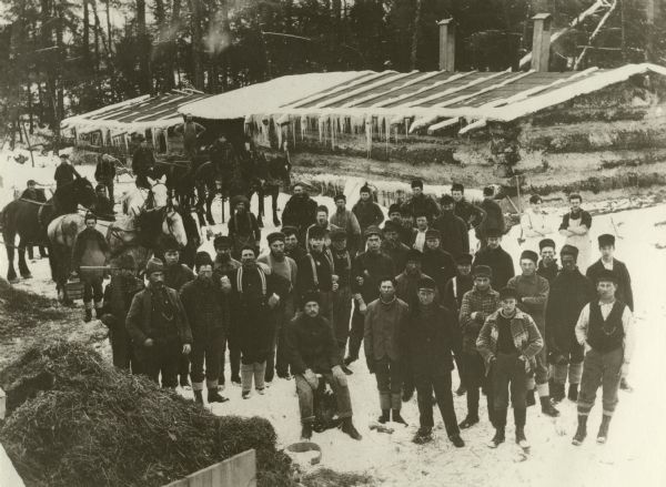 Elevated view of logging crew posed outside a log cabin in winter. Several horses are at the back of the group. The foreman, Mike Baltus, is possibly at front right. One of the lumberjacks is African-American.