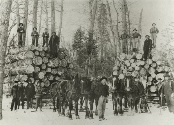 Logging crew with two large loads of logs on horse-drawn sleds ready for the mill. Foreman, Mike Baltus, stands in the foreground. Also pictured are A. Cline, and Frank Bobert in a buffalo coat.