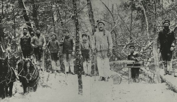 Logging crew and horses posed in snow.