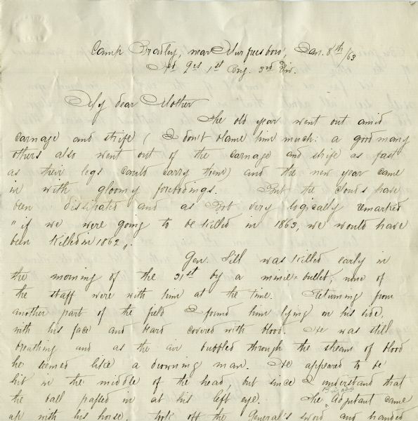 Letter from John L. Mitchell to his mother describing combat and conditions at Camp Bradley near Murfreesboro, Tennessee.