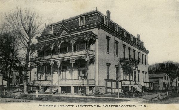 View of the Morris Pratt Institute, a mansard-style structure. Caption reads: "Morris Pratt Institute, Whitewater, Wis."