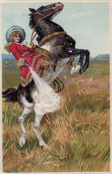 Embossed postcard of a painting of a woman in rodeo garb on horseback. The horse is rearing up while the woman fires a gun into the ground.