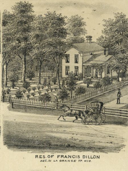 Engraved view of the home of Francis Dillon. A woman rides on the road in front of the home in a horse-drawn carriage. A woman stands on the porch of the home and a man stands in the front garden.