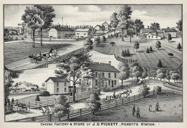 An illustration depicting the cheese factory and dry goods store of J.G. Pickett at Pickett's Station.