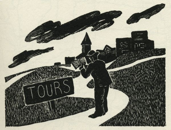 Woodcut illustration of a man standing on a road near a sign reading "Tours" and consulting a guide book.
