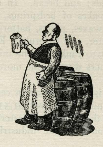 Woodcut illustration of a bartender wearing an apron and carrying a glass of beer. He stands in front of three barrels.