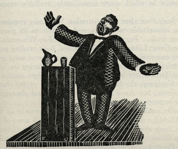 Woodcut illustration of a man speaking at a podium.