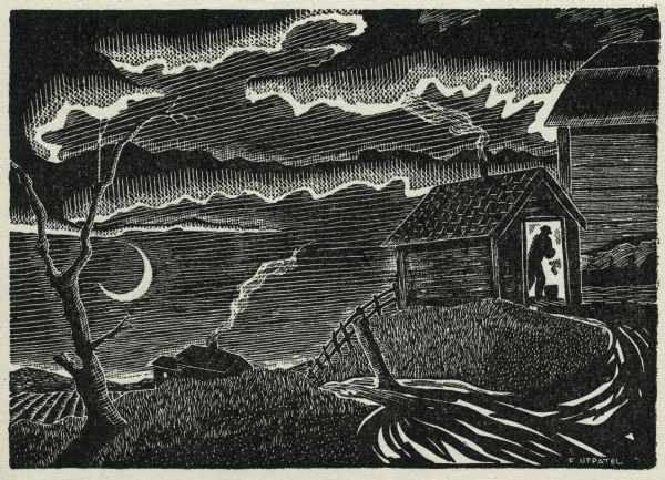 Woodcut illustration of a farmer in an outbuilding at night.