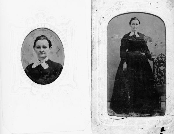 Double portrait of a woman. The left side portrait is an oval head and shoulders portrait. The right is a full-length portrait of the woman wearing a dress and posed next to a chair.