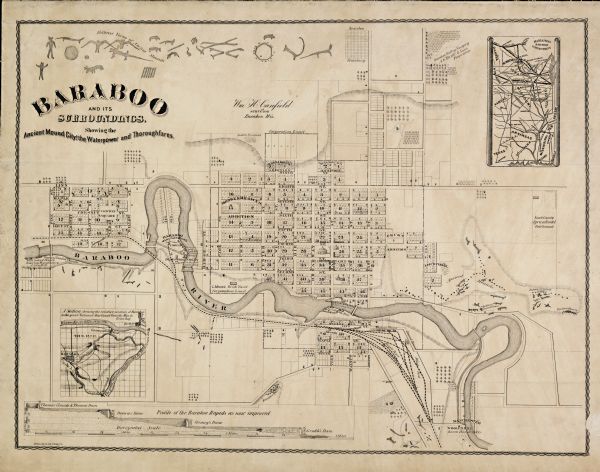 Map of Baraboo and its surroundings, showing the ancient mound city, the water power, and thoroughfares, drawn by William H. Canfield. Canfield includes sketches of several different forms of ancient Indian mounds are shown at the top of the map. Insets show railroad connections, the national ship canal from the Mississippi River to Green Bay, and improvements to the Baraboo rapids.