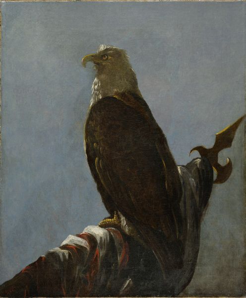 "Old Abe The Live Wisconsin War Eagle," eagle mascot of the 8th Wisconsin Regiment painted from life perched on a flag pole.
