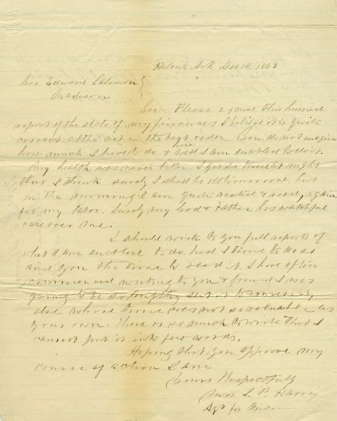 Letter from Cordelia Harvey to Governor Edward Salomon regarding her work.
