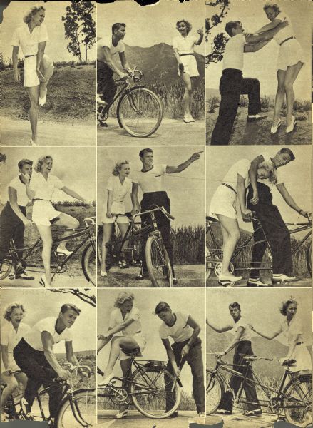 Magazine clipping of Ronald Reagan and first wife Jane Wyman bicycling together.