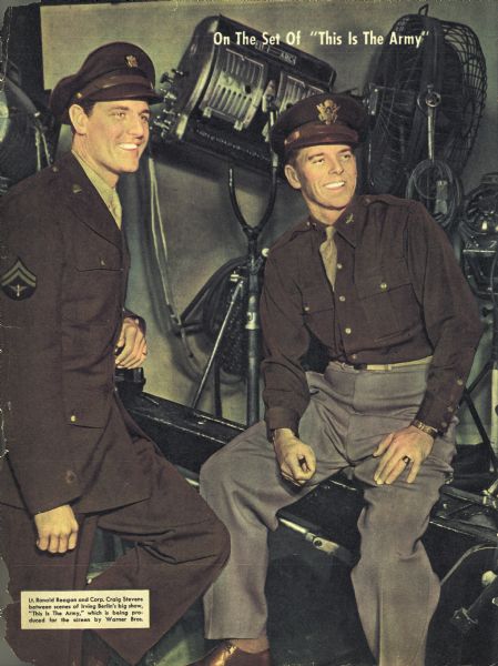 Lt. Ronald Reagan and Corp. Craig Stevens on the set of the Warner Brothers' film "This is the Army."