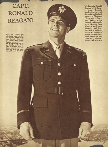 Magazine clipping featuring Ronald Reagan in his army uniform prior to reporting for active duty in 1942.