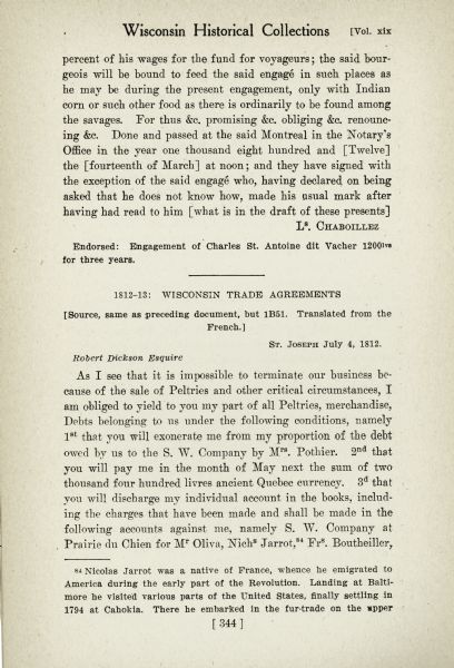 English translation of the Fur Trade Engagement for Charles St. Antoine dit Vacher.