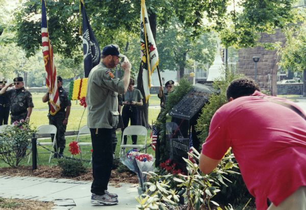 David Cline, a Vietnam War veterans and a national leader in Veterans for Peace and Vietnam Veterans Against the War, during a Memorial Day ceremony in Jersey City. Cline was instrumental in creating the memorial that honored those from that community who died during the Vietnam War.
